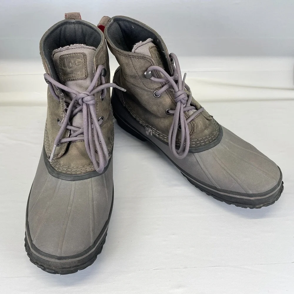 UGG Zetik Waterproof Duck Boots Mens Size 11 Brown Leather Gray Lace Up Shoes